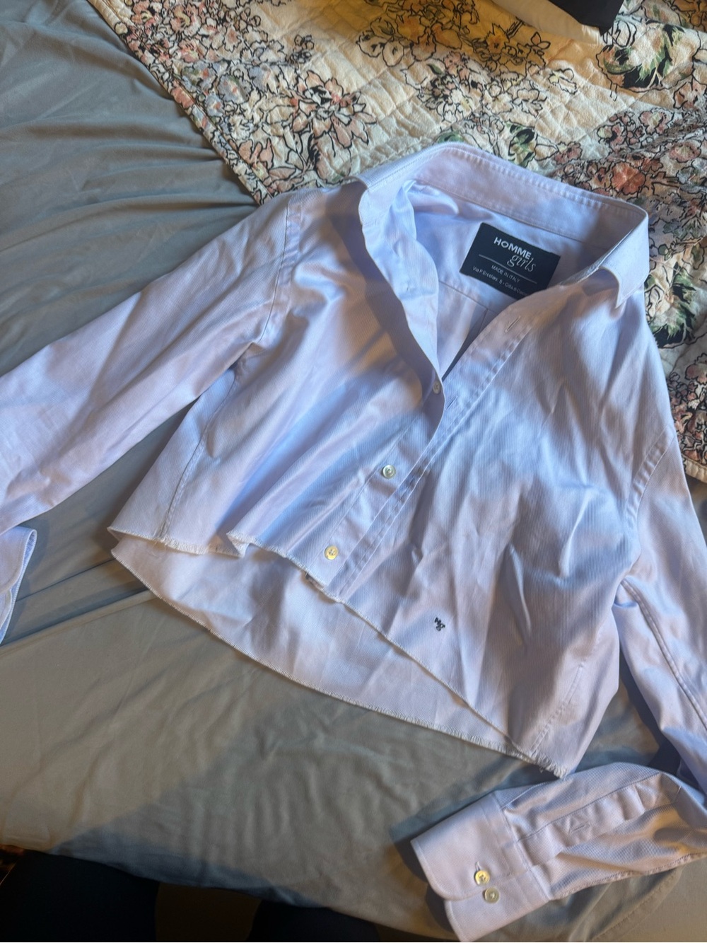 HommeGirls Pale Blue Cropped Raw Hem Button-Down Shirt